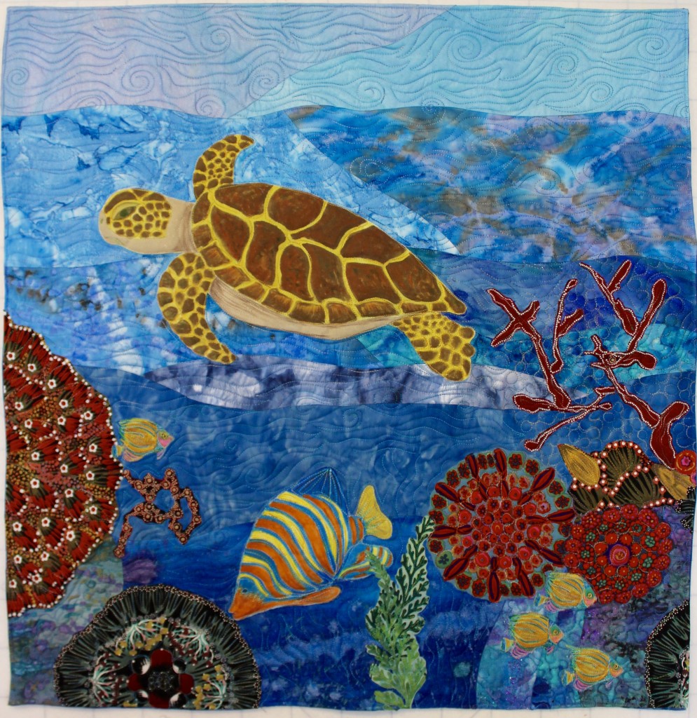 Art quilt, Sea Turtle quilt, machine quilting, raw edge appliqué quilt, Tsukinecko inks