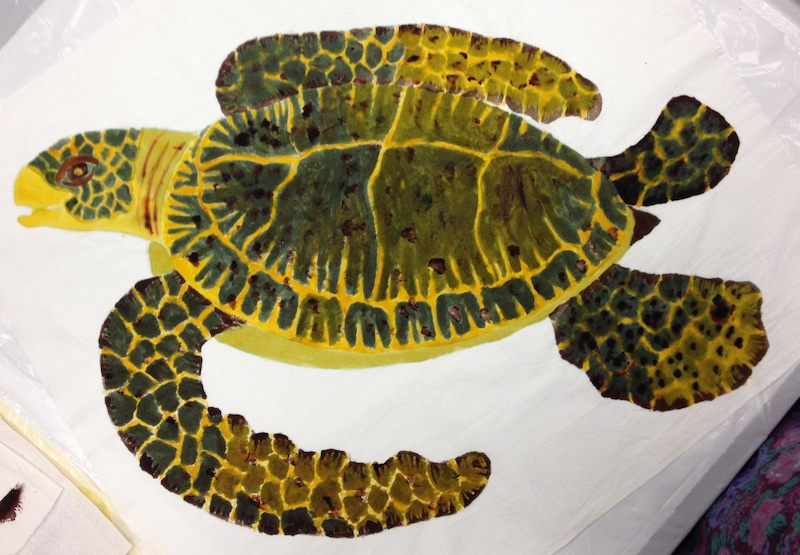 Sea Turtle painted with fabric dyes on cloth