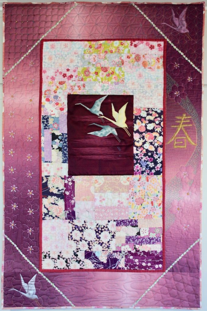 Haru - Spring 2016 33 x 52 Center is obi fabric surrounded by kimono silks, outer border cotton with machine stitched sashiko patterns