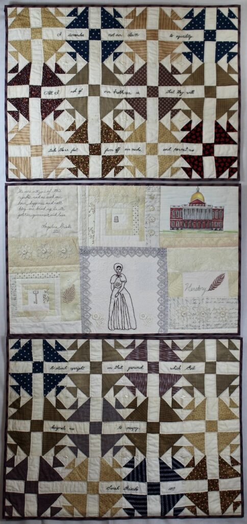 Art quilt by Alilison Wilbur with traditional shhofly blocks on the tops and bottom with embroidered quote. The center third of the quilt is a collage of the embroidered figure of a woman in quaker dress, a painting of the Mass State house a stitched quote, and other elements