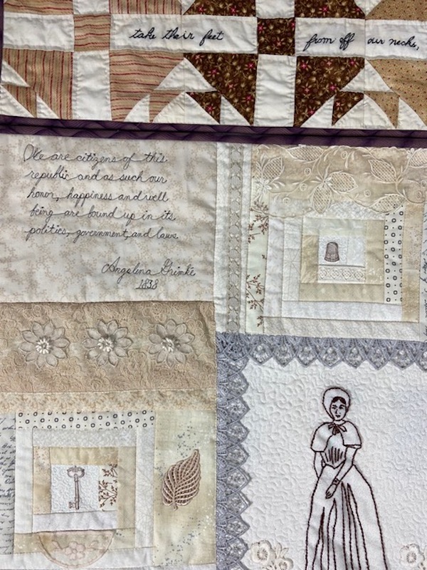 Collage of quilt elements in antique style with lace, buttons, embroidery and lettering.