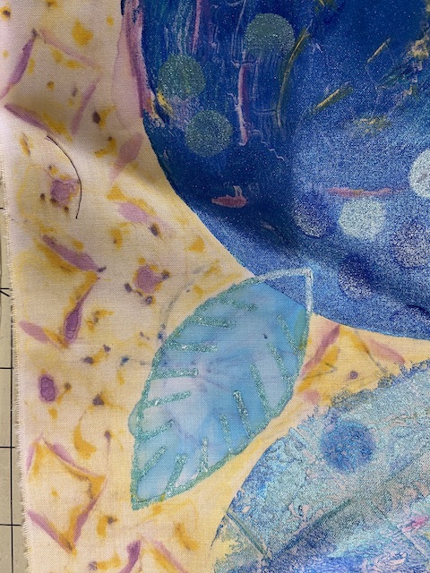 Gelli plate printed and painted fabric with colorful patterns and textures