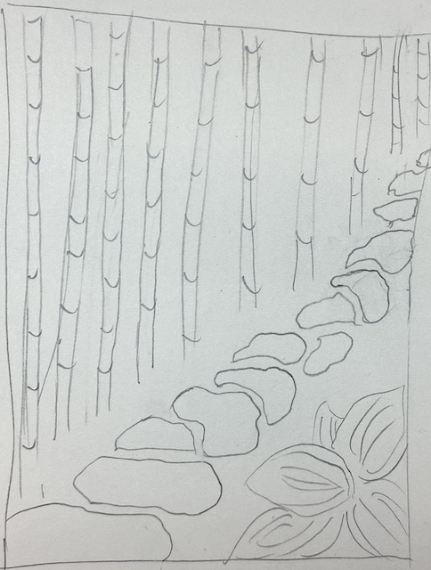 Pencil sketch of path with stepping stones next to bamboo grove