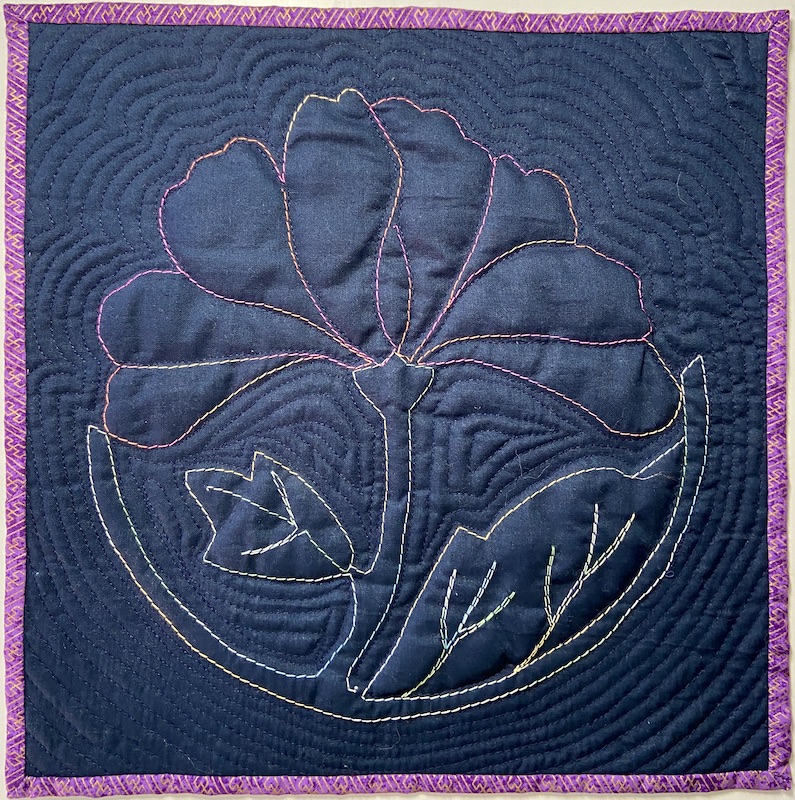 Machine Sashiko Stitched peony on indigo background