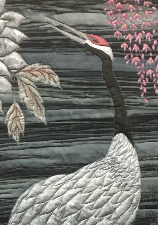 Gray and black fabric with painted Japanese crane in silver, black, red and white