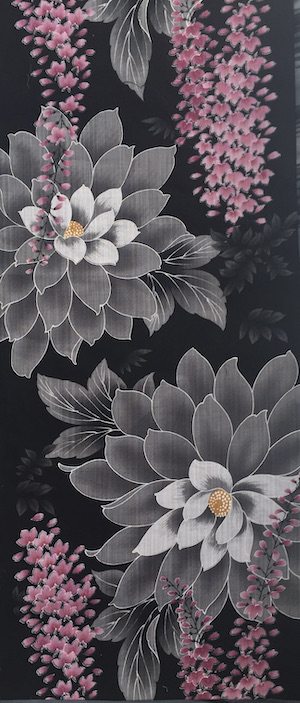 Black and gray kimono fabric with large peony flowers and pink wisteria