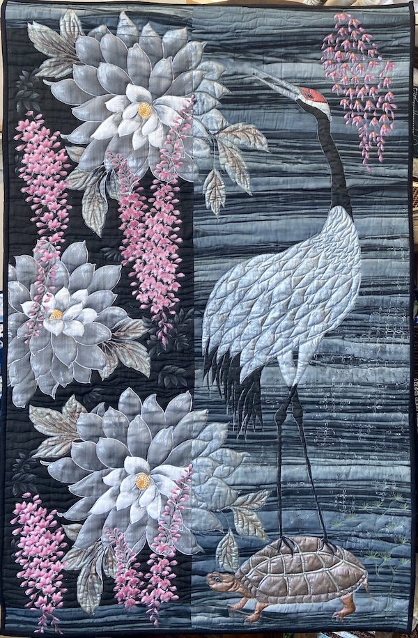 Life Long Friends Art quilt by Allison Wilbur of Japanese Crane, Turtle, Peonies and wisteria