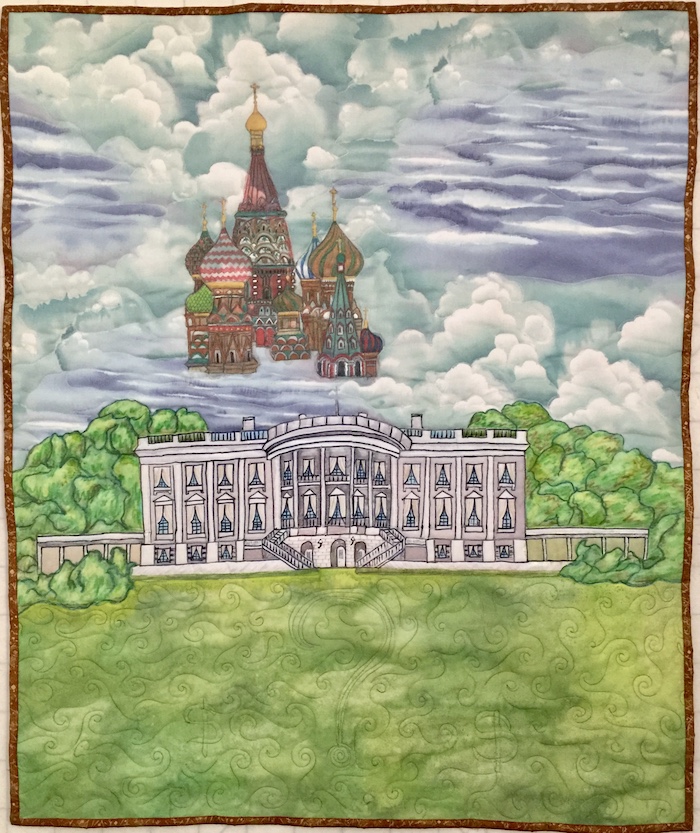 Art Quilt of White House with St Basil's Church in the clouds behind.